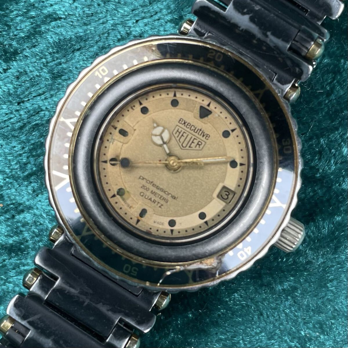 ビンテージ HEUER executive 916.408 ホイヤー エグゼクティブ 200m ダイバー ゴールドダイヤル オリジナルブレス QZの1番目の画像