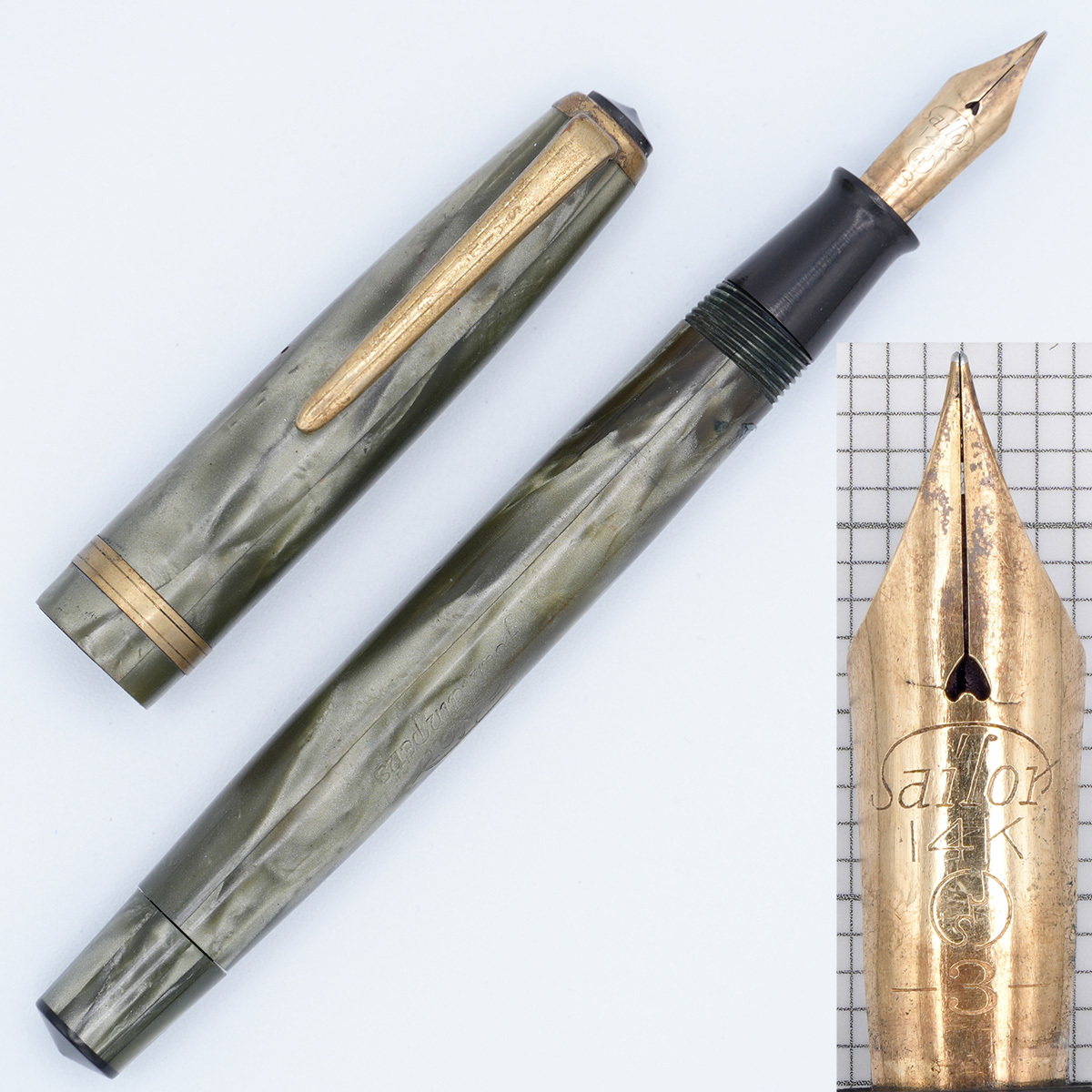 sailor 万年筆 戦時中 透明セルロイド軸 インキ止め式 値札付きの落札