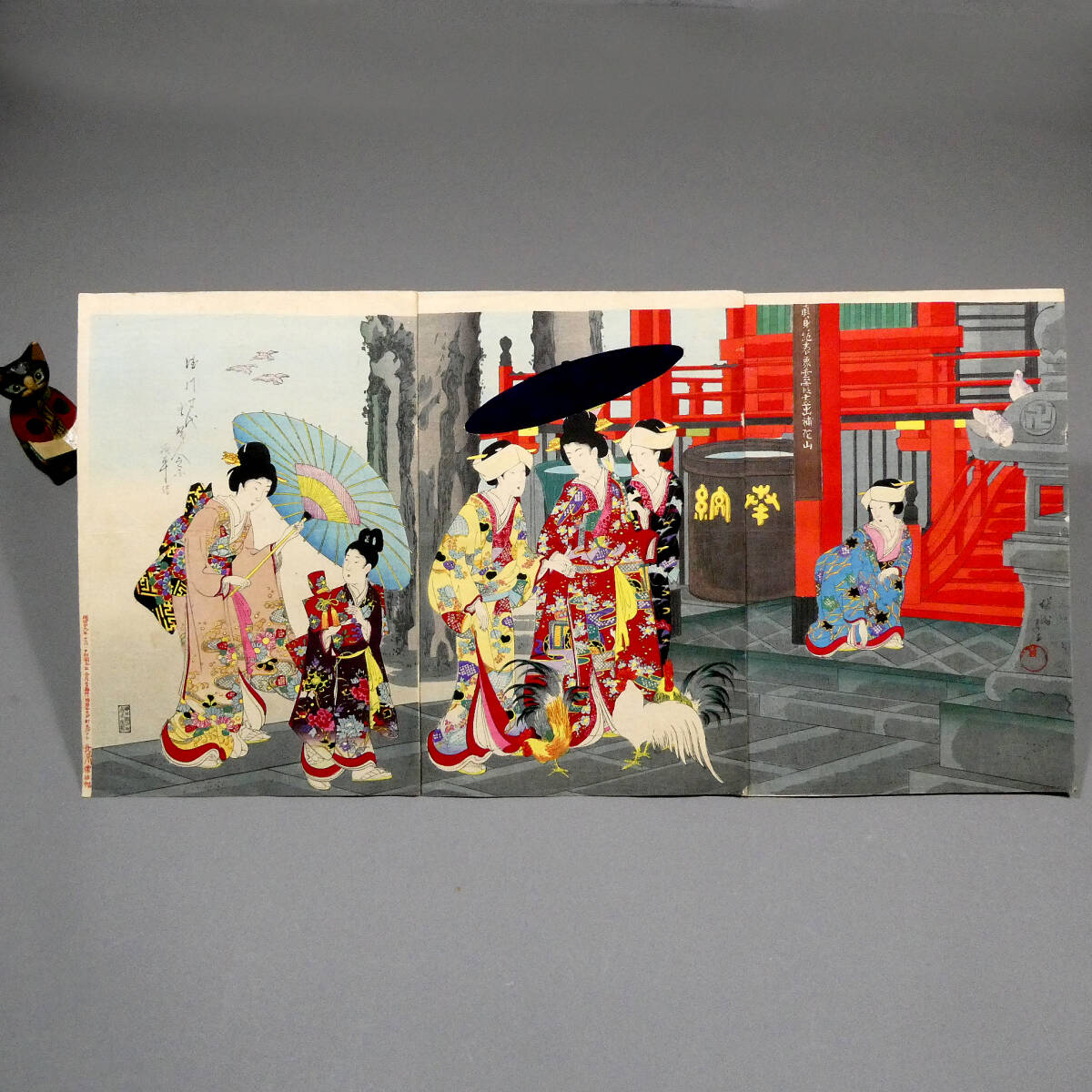 美術品】T86 楊洲周延「舞楽之図」三枚続 剥し跡・補修有◇美人絵◇笙