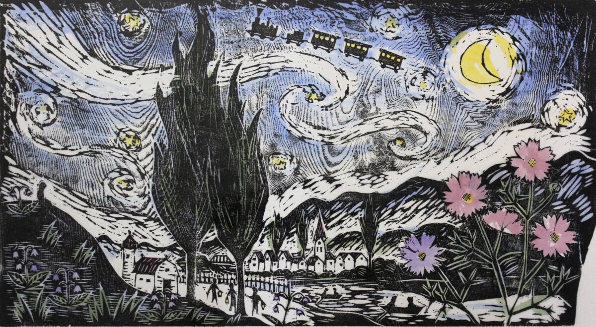 ☆木版画☆ 佐藤国男 『銀河鉄道の夜 星月夜』 直筆サイン 【宮沢賢治