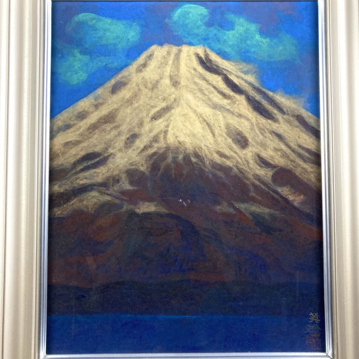 真作】【WISH】温井源喜 日本画 10号 金落款 山湖風景 〇師:西山英雄