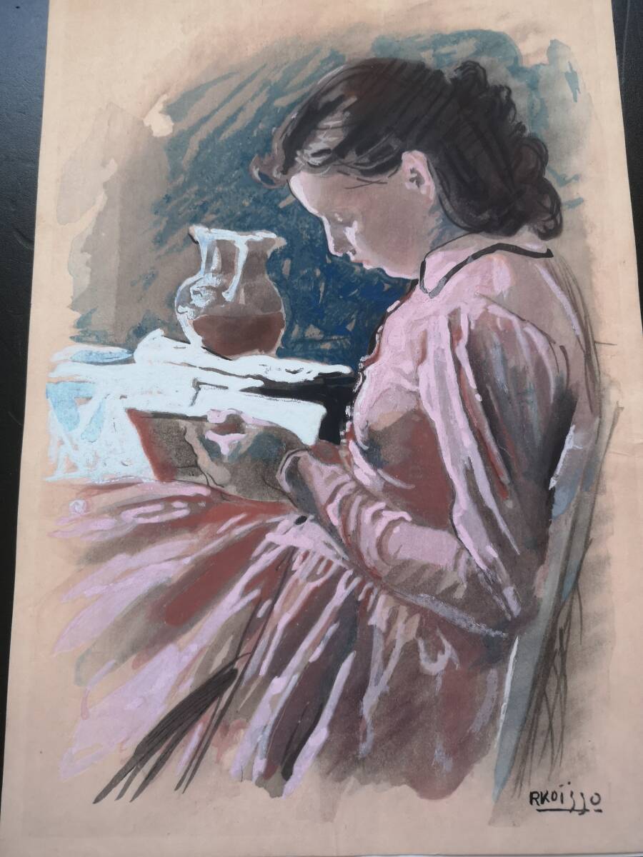 東郷青児 直筆 水彩画 色紙「婦人像」（着物女性）額装（黄袋・専用箱