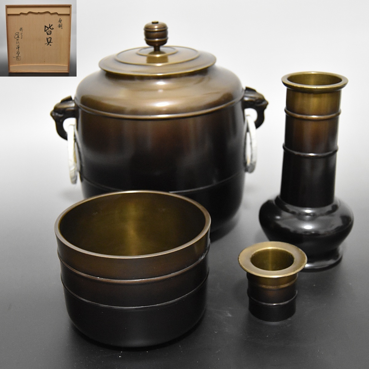 唐銅、一佳作　皆具５点　【極上品】高岡銅器　お茶道具／共箱 A176 高岡銅器 表勝一 鋳銅 牛 文鎮 共箱 栞付 未使用品 書道具の落札