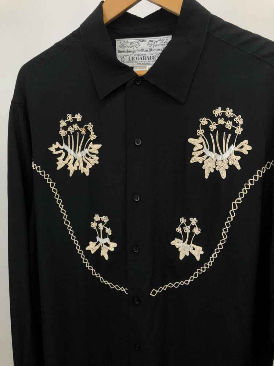即決 LE GARAGE フランス製 刺繍 レーヨン デザインシャツ 長袖シャツ