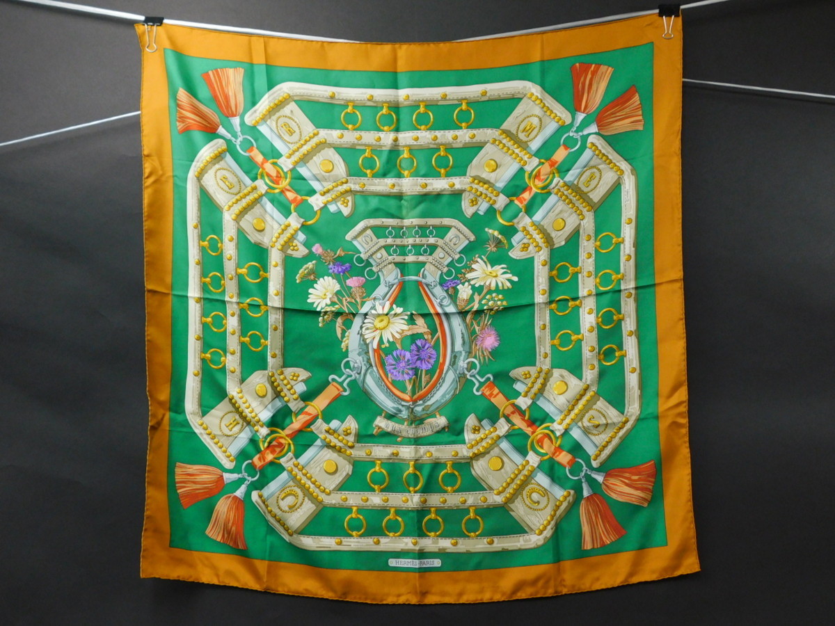 Aux Champs カレ90 HERMES グリーン HERMES エルメス スカーフ