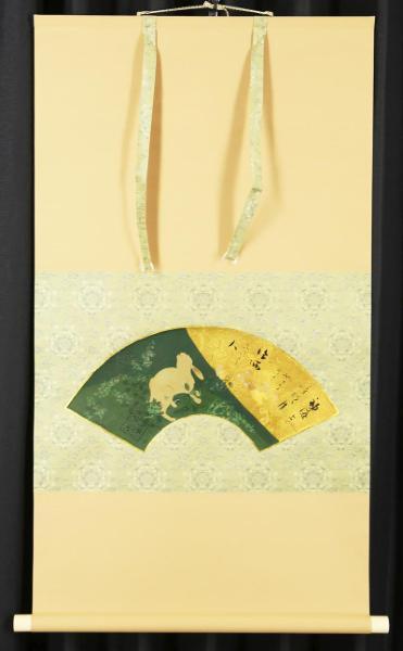 真作】【WISH】本阿弥光悦「扇面月兎画賛」木版画 岩絵の具仕上 純金本