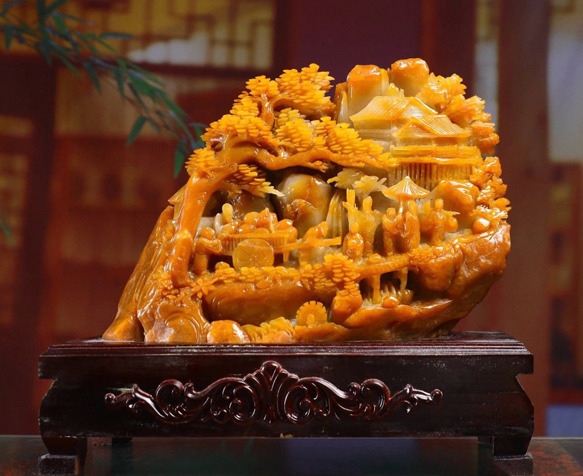 目立った傷や汚れなし】田黄石 擺件 細密彫 極細工 置物39×18×40cmの
