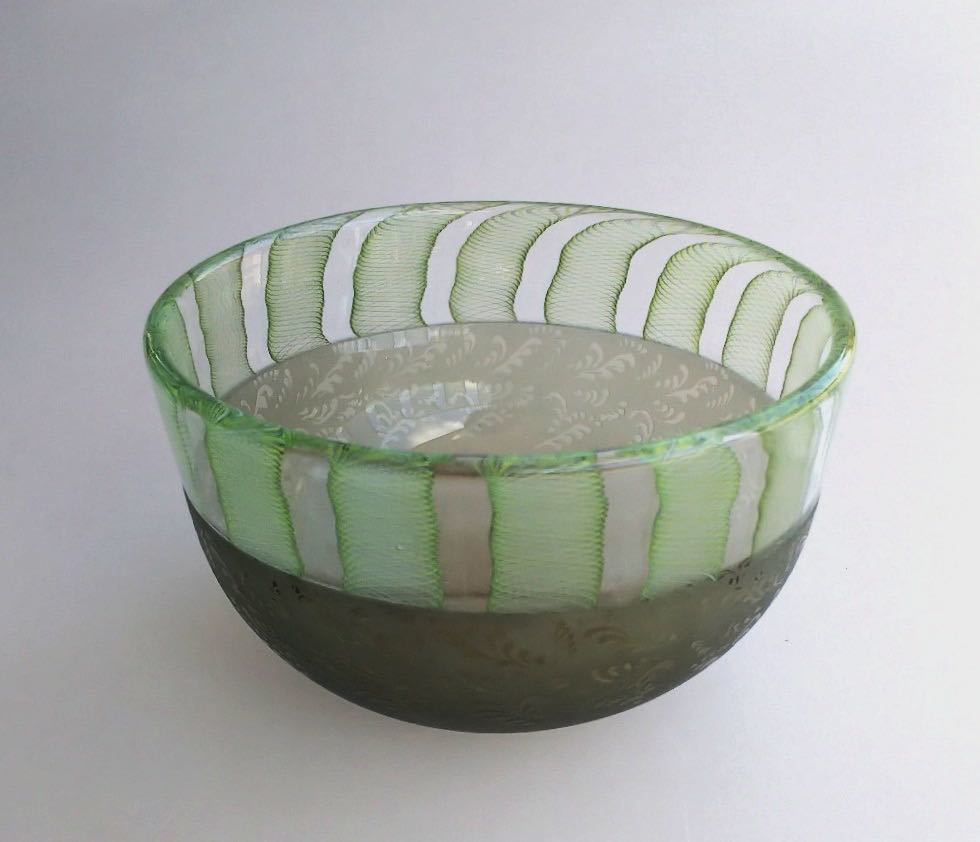 ★藤原奈津江作★井桁模様★吹きガラス菓子器（ボール） ☆藤原奈津江作☆井桁模様☆吹きガラス菓子器（ボール） ☆藤原奈津江