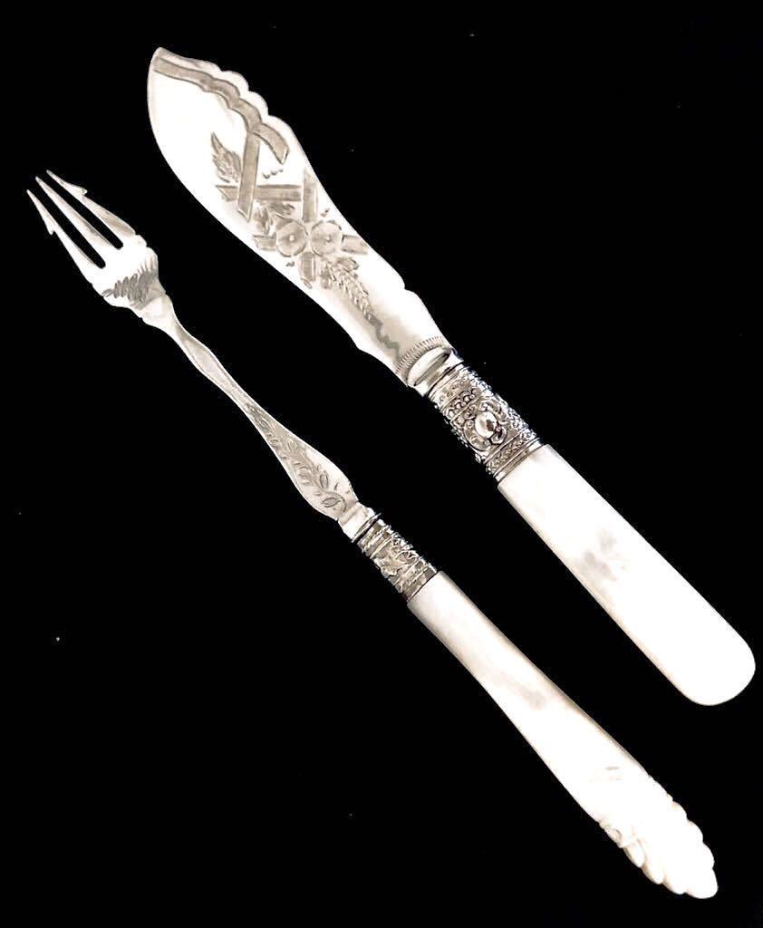 白蝶貝 マザーオブパール 純銀 バターナイフ アンティーク シルバー