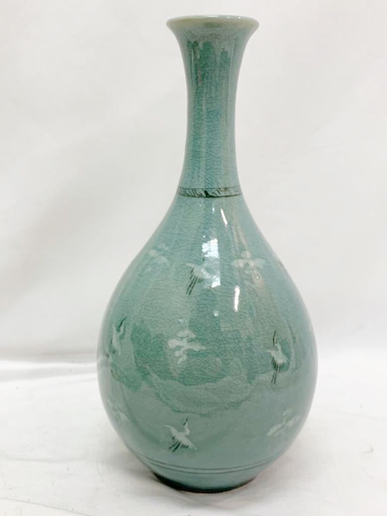 峯岩　青磁花瓶 Yahoo!オークション - 峯岩窯 高麗青磁 壺 つぼ 鶴 高さ約32cm