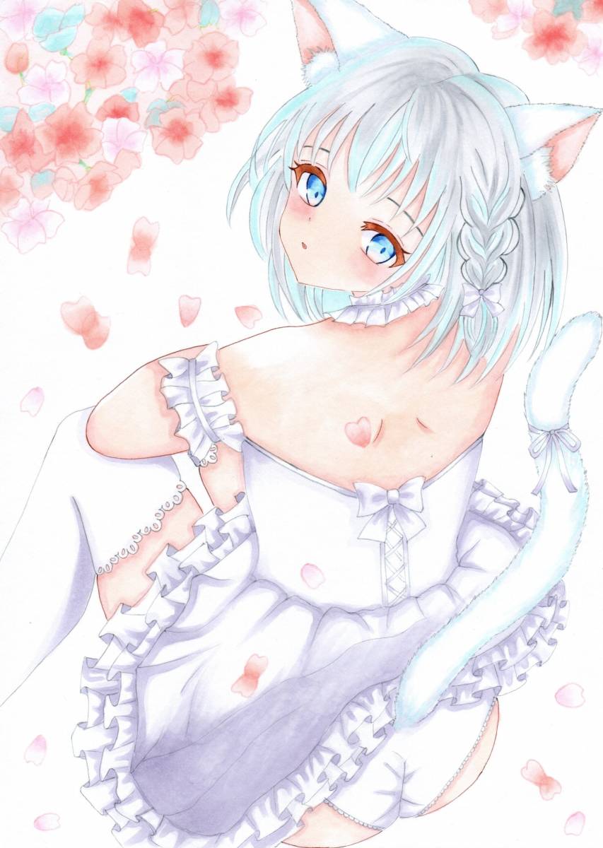 未使用】オリジナル手描きイラスト 猫耳 女の子 画用紙 B5 △の落札