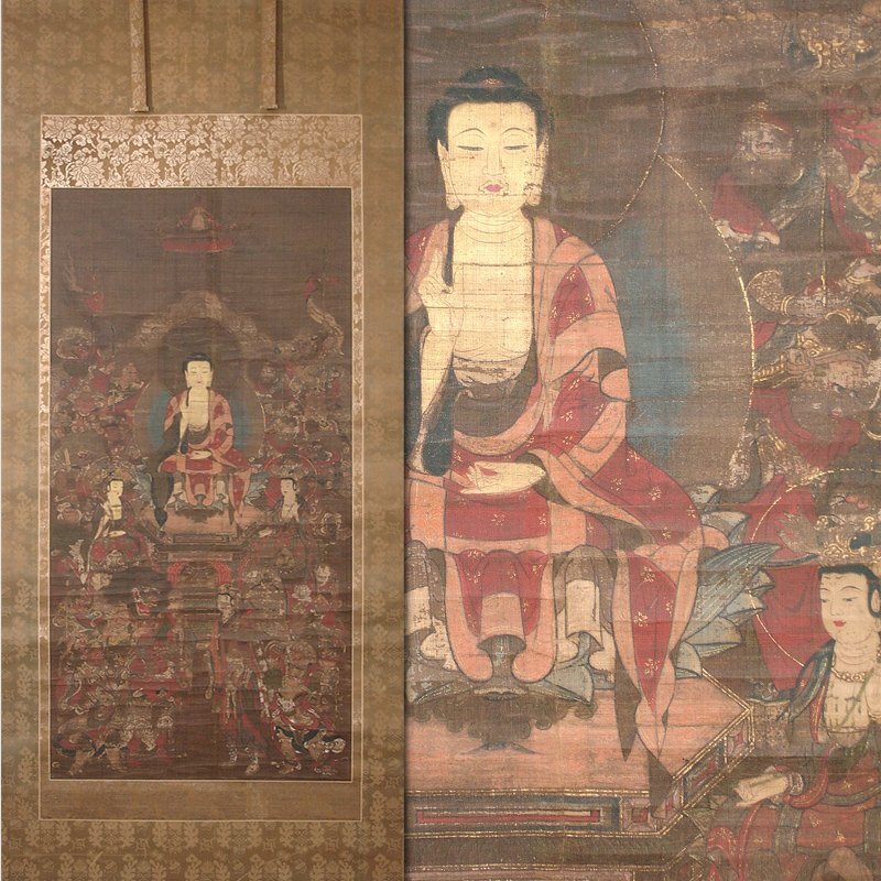 五】優品 仏教美術 古仏画 『釈迦三尊十六善神図』 絹本 彩色 掛軸の