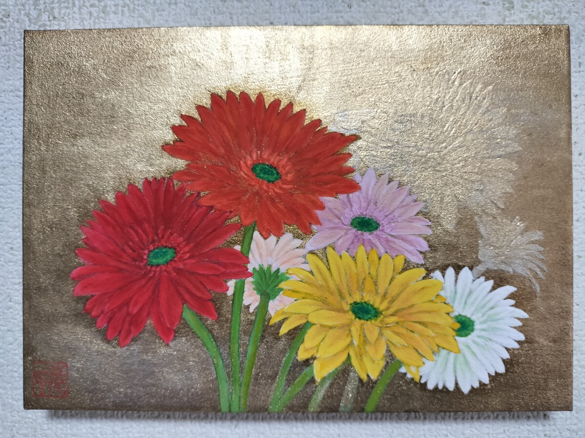 新品】日本画「紅白椿」FSM号 つばき 金箔、岩絵の具 肉筆画