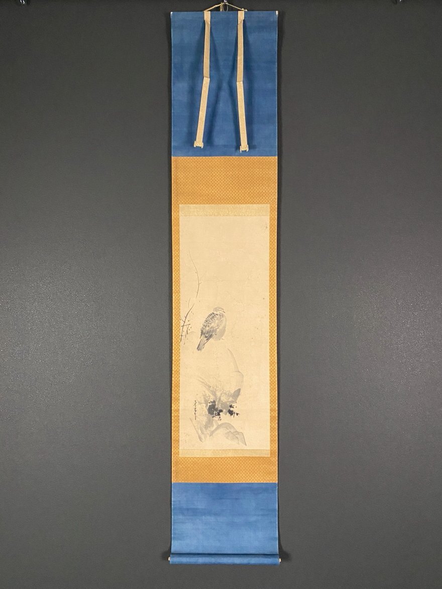 久隅守景】◇真筆水墨画『鳩』◇大倉好斎極札◇貴重古軸◇江戸前期◇添
