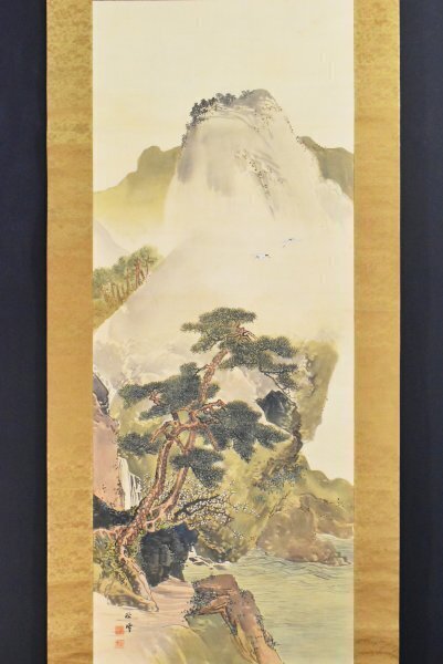 仏陀] 在銘「蓬莱山」絹本 肉筆 山水図 殿閣 絵画 掛軸 日本 中国 中国