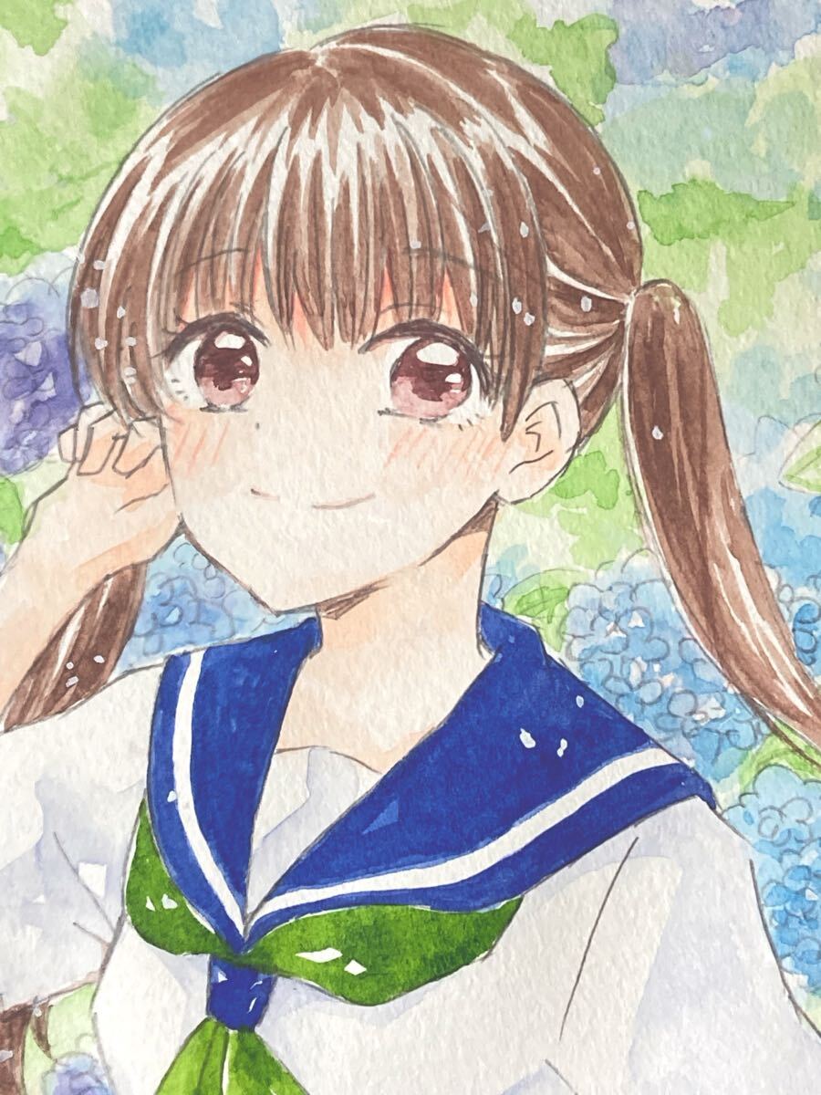 新品】手描きイラスト オリジナル 女子高生 セーラー服 春の風の落札