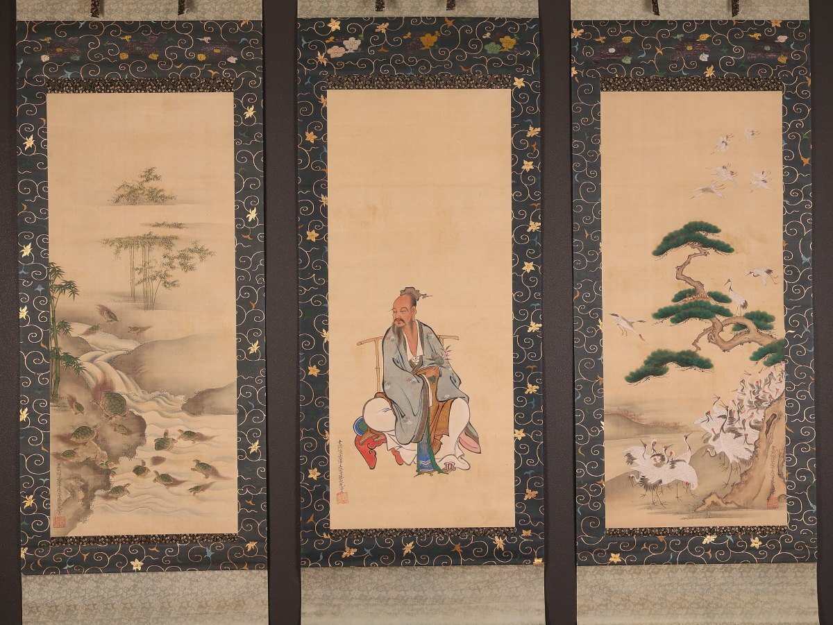 模写】【伝来】n9452〈土佐光貞 土佐光孚 土佐光芳〉三幅対 寿老人と鶴