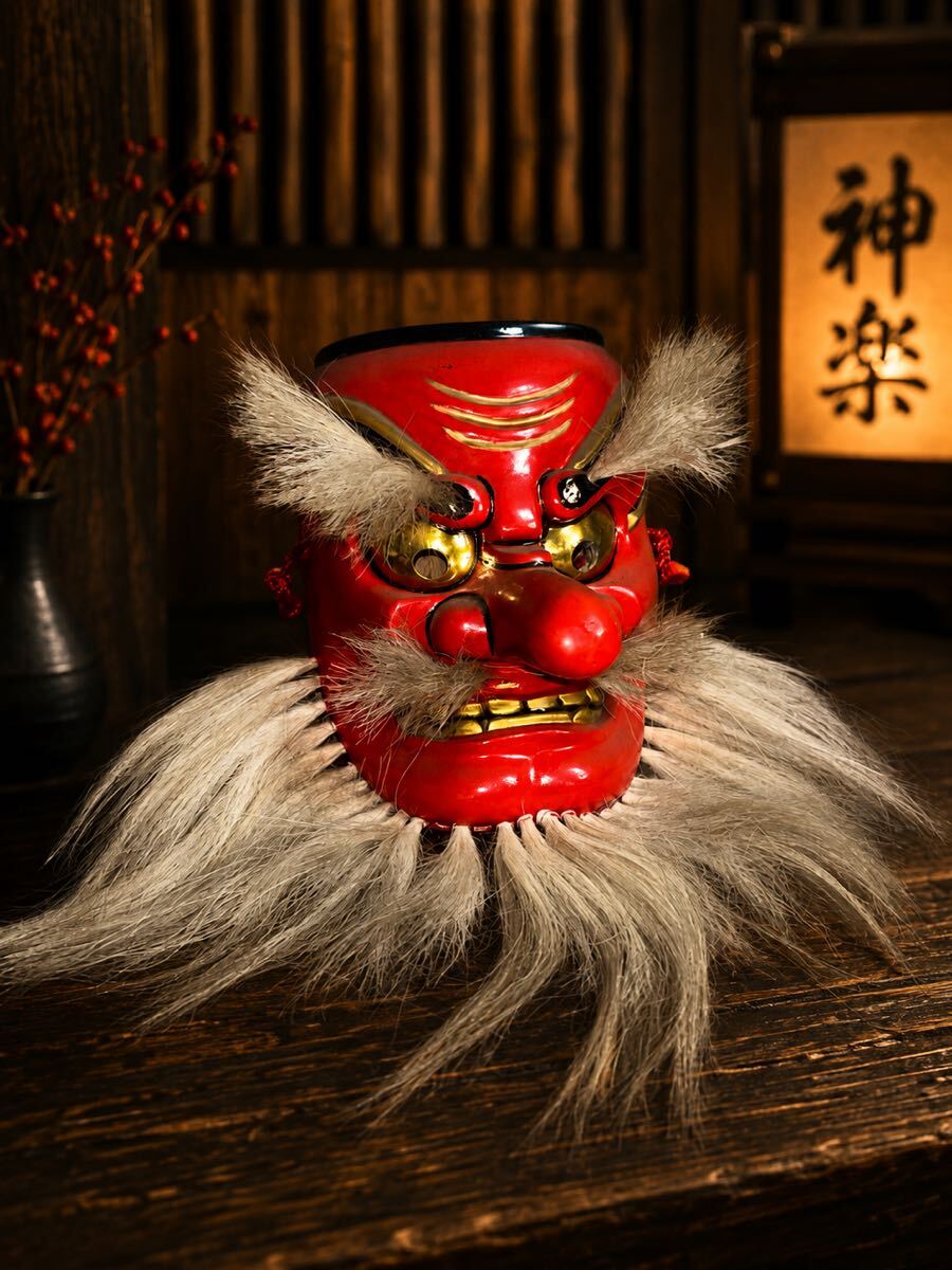 備中神楽面 猿田彦命 天狗 田辺聖祐 作 木彫り面 お面 能面 神楽 伝統