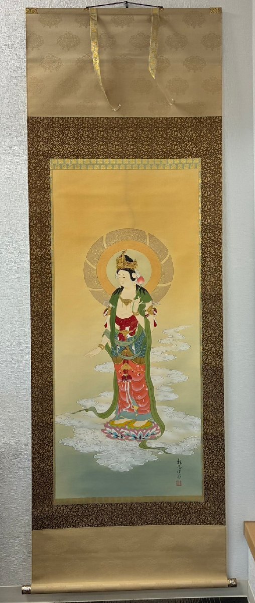 仏画 紫雲 筆『龍雲聖観音』掛軸〔絹本 肉筆〕共箱入り / 龍図 竜図