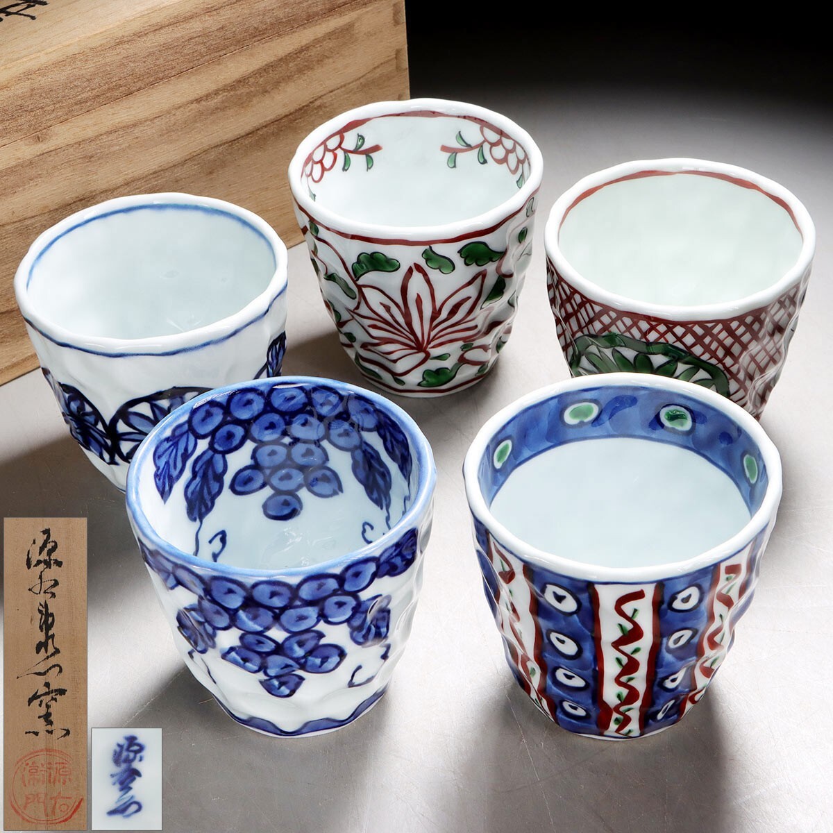 館林源右衛門 染錦 古代花鳥絵 飾皿 皿 未使用に近い】D6194-27 館林源右衛門 染錦 古代花鳥絵 切立方皿 四方