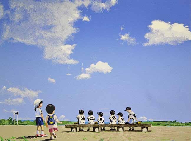 櫻井幸雄 「出番のないベンチ」 雲の下の六人 サイン有り 絵画 版画