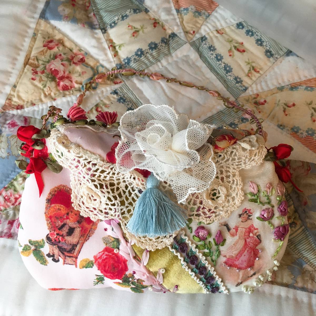 ヴィクトリアンクレージーキルト※レースとリボン他、手芸素材セット 新品】ハンドメイド☆ヴィクトリアンキルト☆クレイジーキルト リボン
