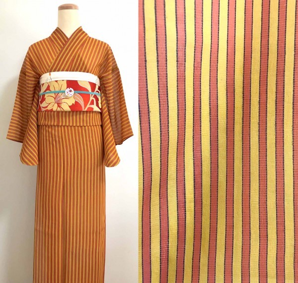 美品 セミアンティーク 着用可 絽 夏着物 正絹 オレンジ×黄の