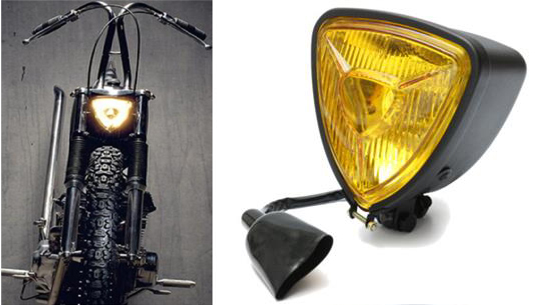 ビンテージ トライアングル ヘッドライト ハロゲン ブラック/イエローレンズ 12V 35W ハーレー スポーツスター ボトムマウント式 カスタム ガレージT\u0026F 汎用 ビンテージトライアングルヘッドライト（ステー無し