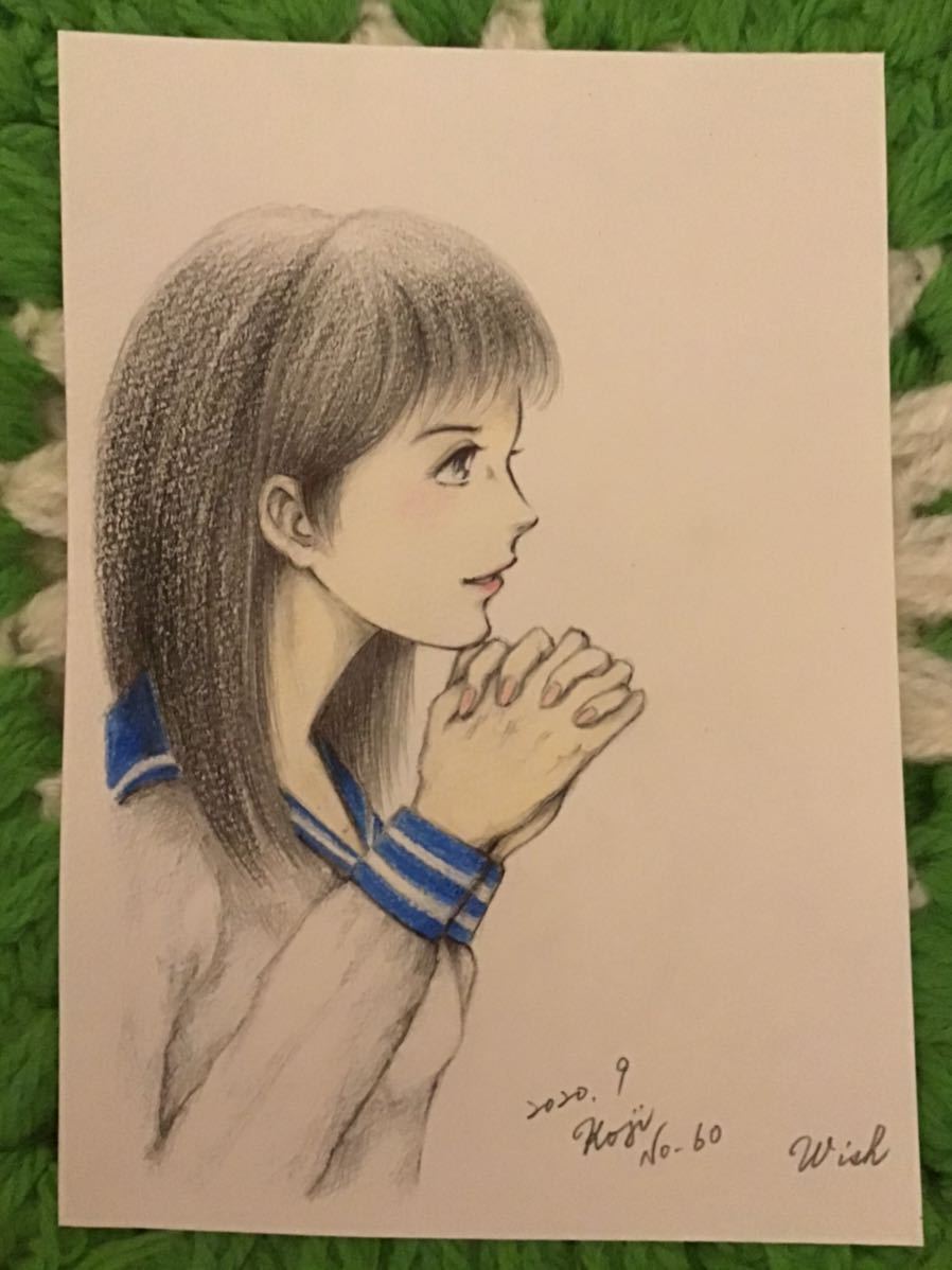 手書きイラスト セーラー服の少女no 62 Thoughts もの想い サイズ16 5 11 5 ボールペン 新品 画用紙 色鉛筆 鉛筆 非売品 Outlet Sale 62