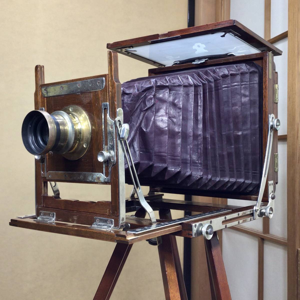★希少 木製大判カメラ スターカメラワークス 上田写真機店 三脚付、ドイツ製大判カメラレンズ Emil Busch AG Rathenow