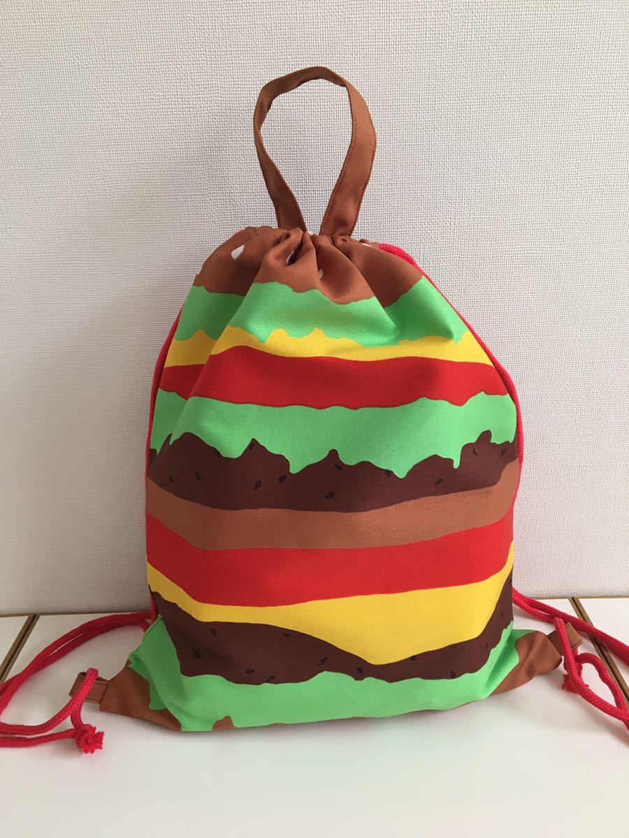 新品】ハンドメイド ナップサック ハンバーガー柄□体操着袋 お着替え
