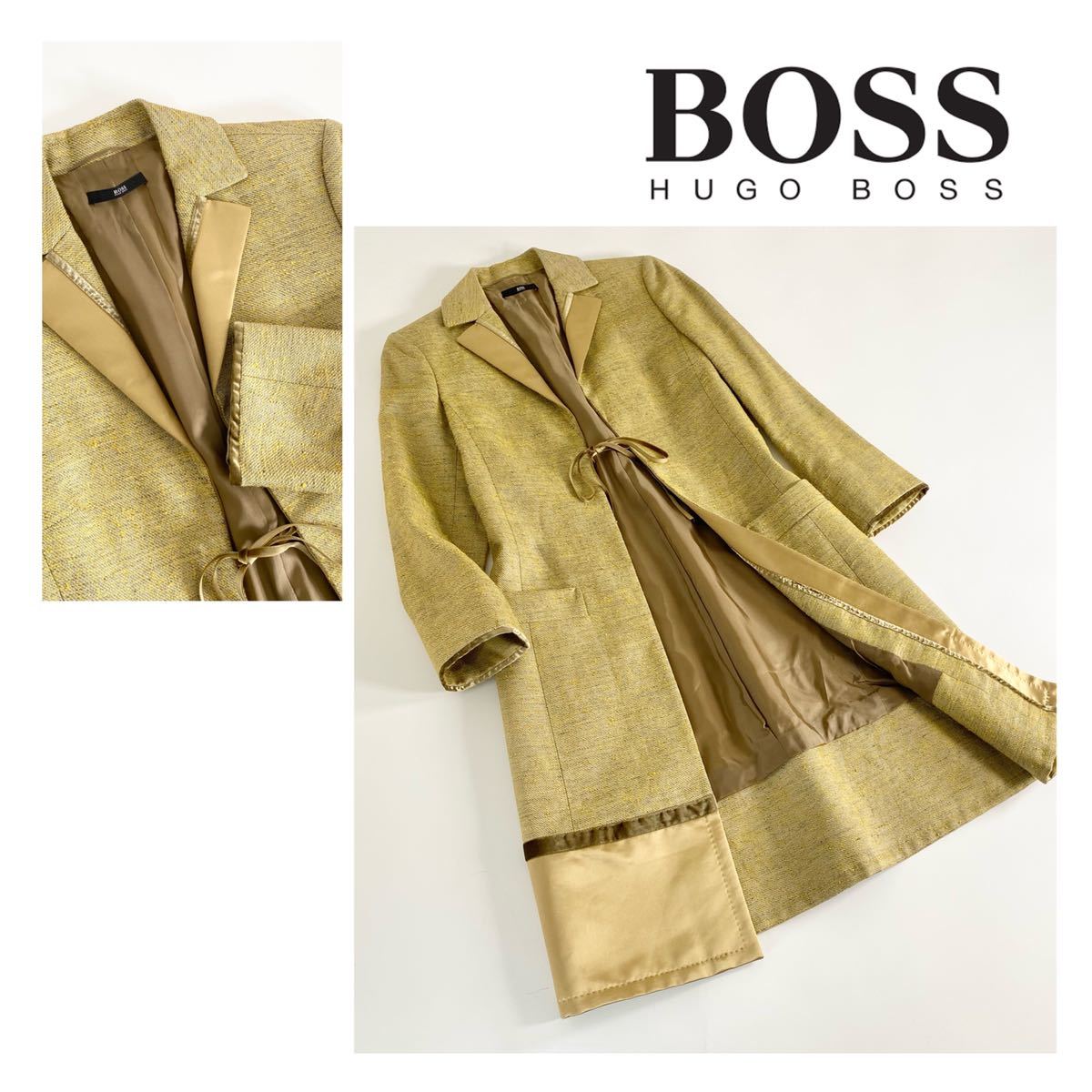 【目立った傷や汚れなし】Hc30《美品》HUGO BOSS ヒューゴボス サマーツイード生地 スプリングコート ロングコート リボンボタン M