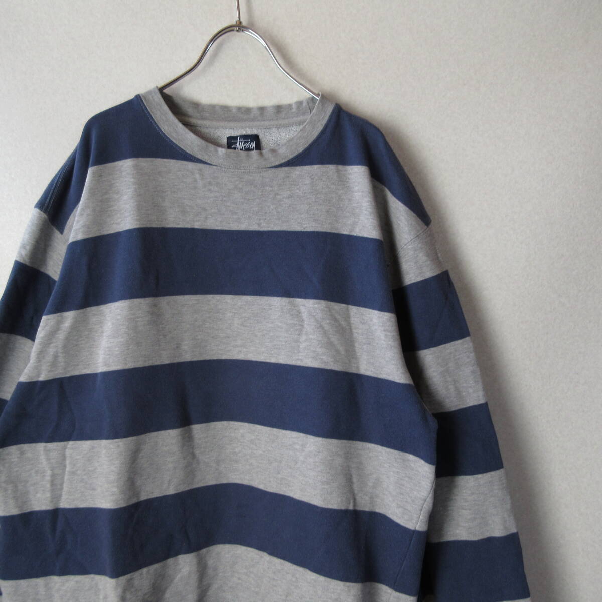 90sSTUSSYスウェットトレーナーLボーダーネイビーグレー刺繍.