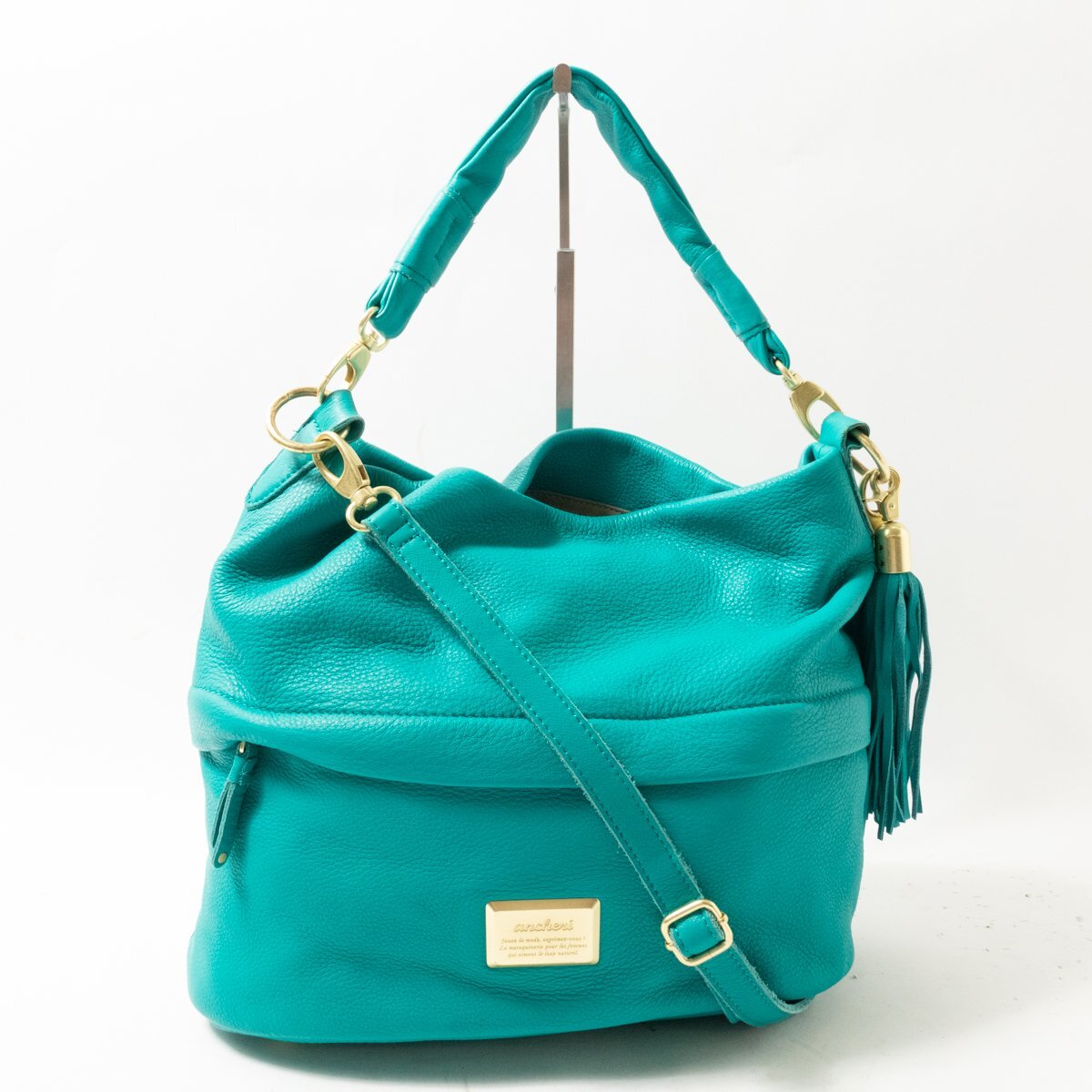 【やや傷や汚れあり】ancheri アンシェリ 2WAY ショルダーバッグ トートバッグ エメラルドグリーン レザー 本革 レディース 斜め