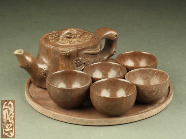 相馬焼栖鳳作大振急須茶盃5客盤龍文彫刻青磁金彩在銘茶道具