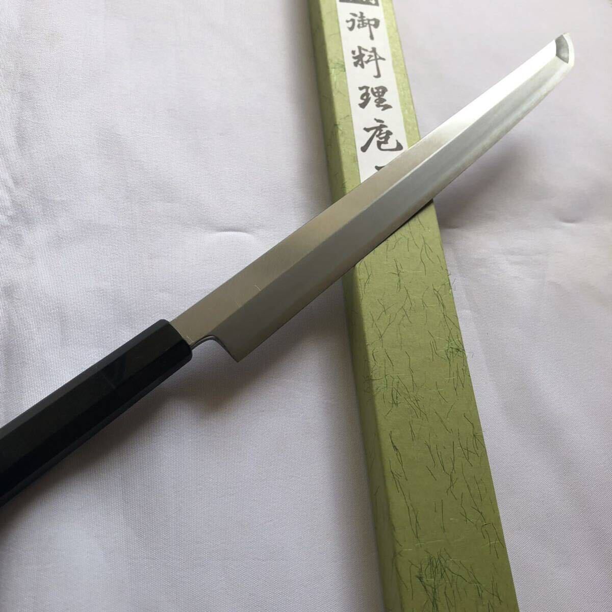 森本光一作　左用　刺身 切付　青鋼 紋鍛錬 尺　紫檀白水牛八角柄 森本光一作 左用 刺身 切付 青鋼 紋鍛錬 尺 紫檀白水牛八角柄