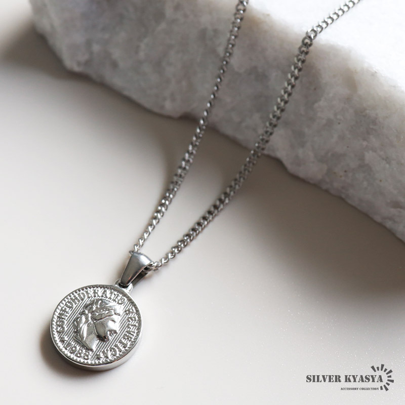 (60cm) コインネックレス 喜平チェーン アンティーク ヘルヴェティア 硬貨 シルバー ステンレス 金属アレルギー対応の1番目の画像