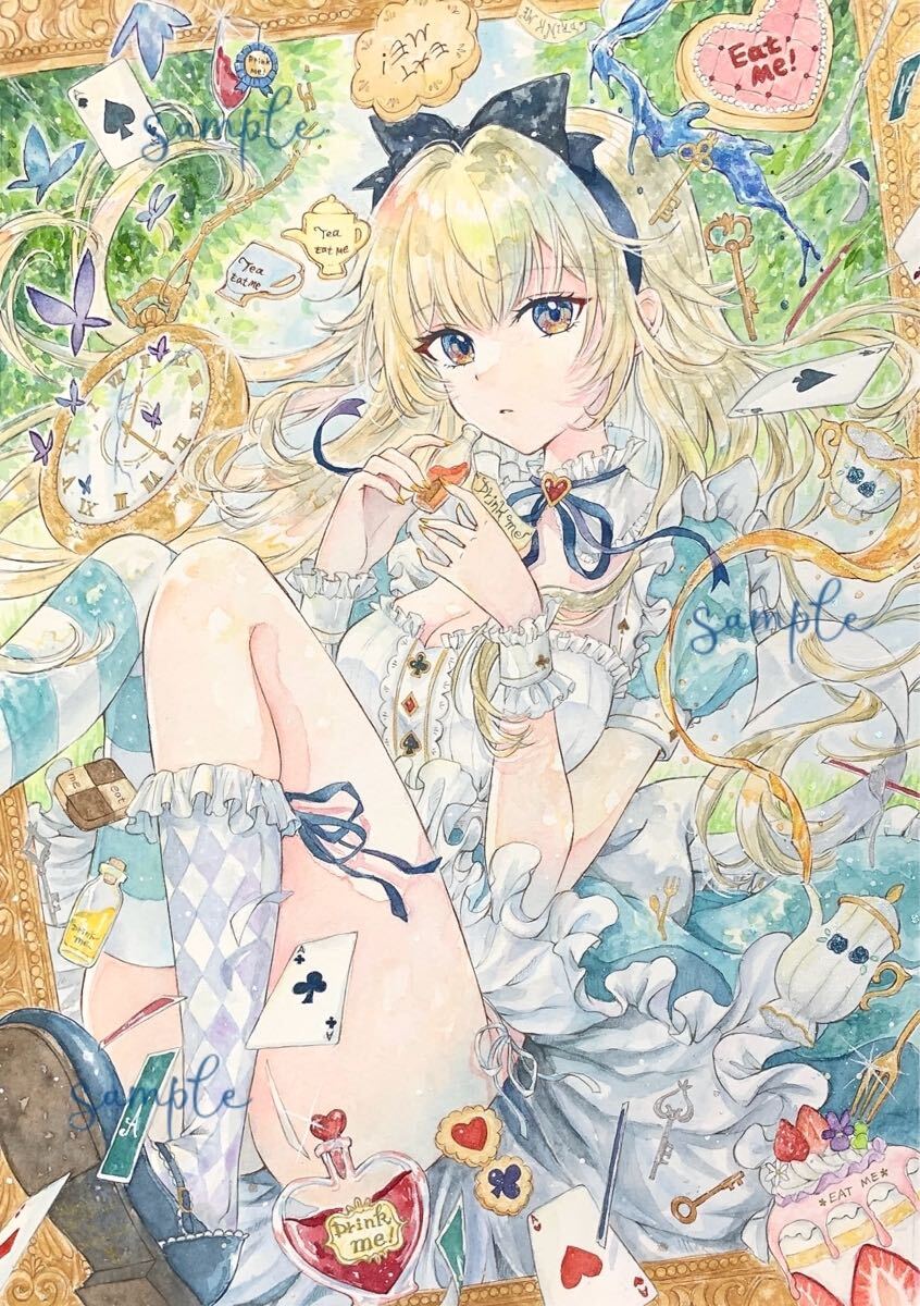 *手描きイラスト　創作　オリジナル　真暗森のキノコ姫「タマシロオニタケ」 透明水彩　色鉛筆 A5水彩紙*