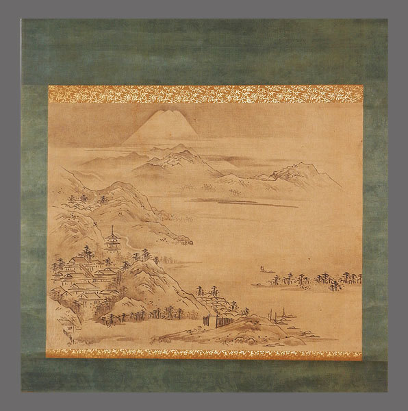 雪舟「復刻 秋冬山水 秋景」紙本 共箱 工藝 水墨画 山水図 絵画 掛軸