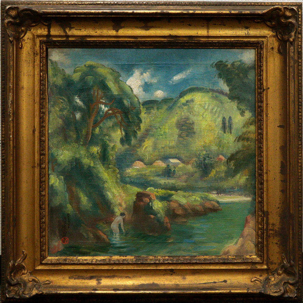 「真作」川田順『渓流(奥入瀬)』風景画　油彩画　額装　サイン有り　F10号 真作」川田順『渓流(奥入瀬)』風景画 油彩画 額装 サイン有り F10