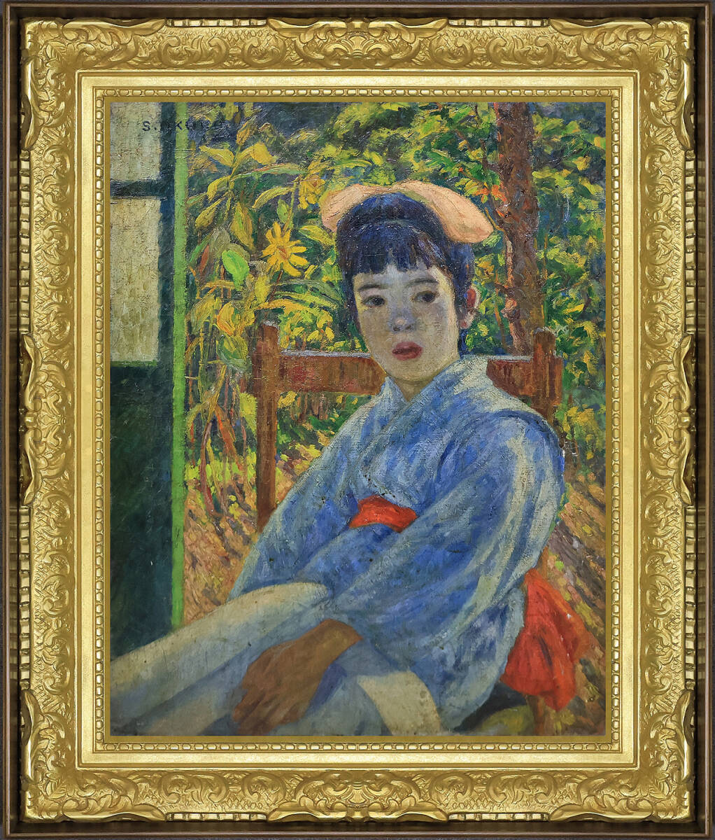 中古】北沢計「千葉佐原・緑映」F20油彩大作 日展 日洋会委員 労働