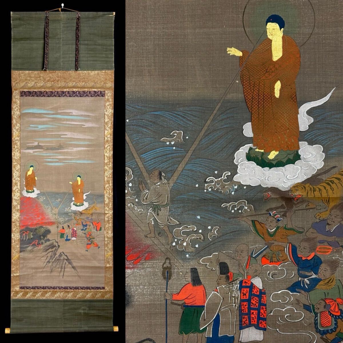 五】仏画 『二河白道図』 紙本 彩色 掛軸の落札情報詳細 - Yahoo