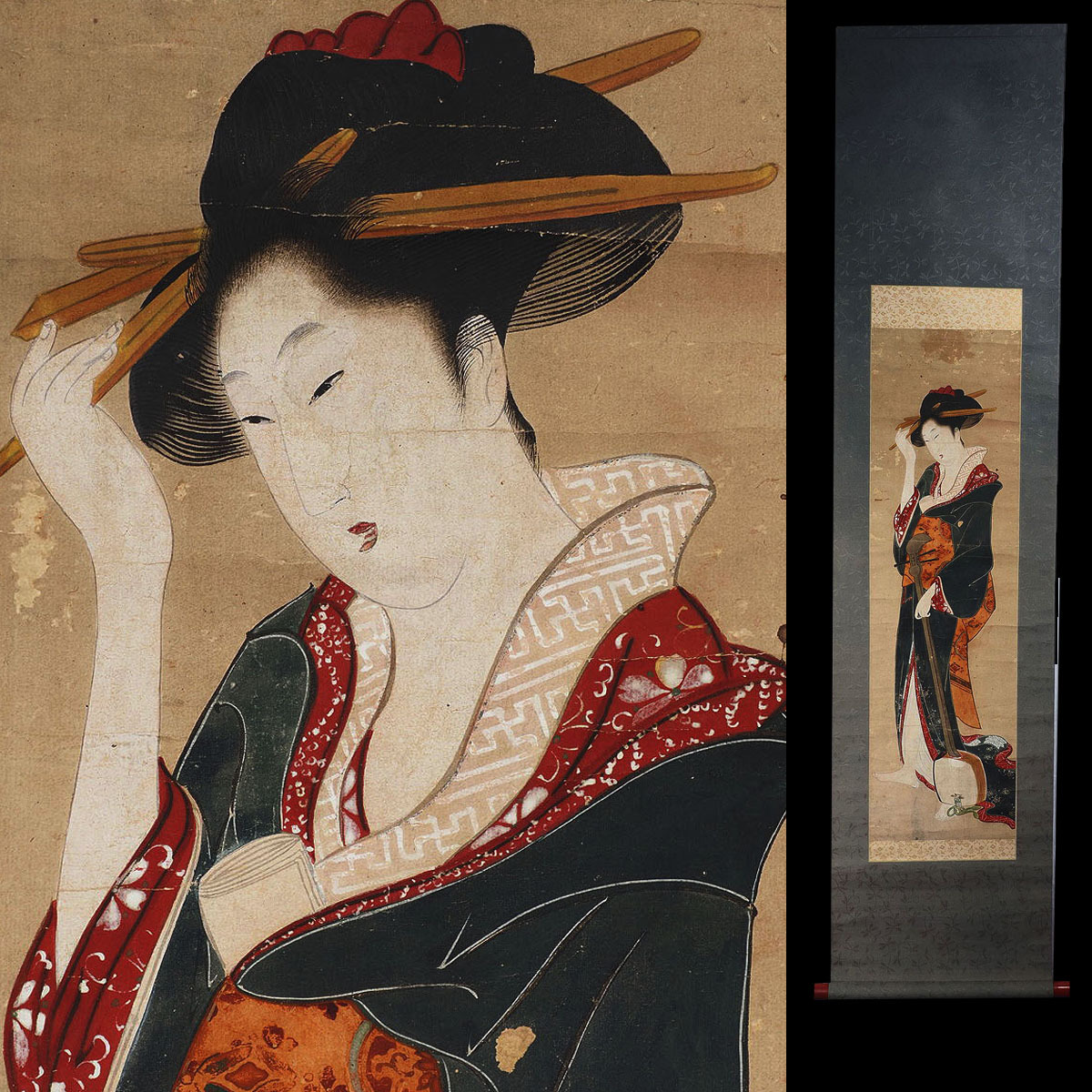 DE-06 江戸期 浮世絵 木版画 歌舞伎役者 蚕やしない草 女性 蚕 馬 大判