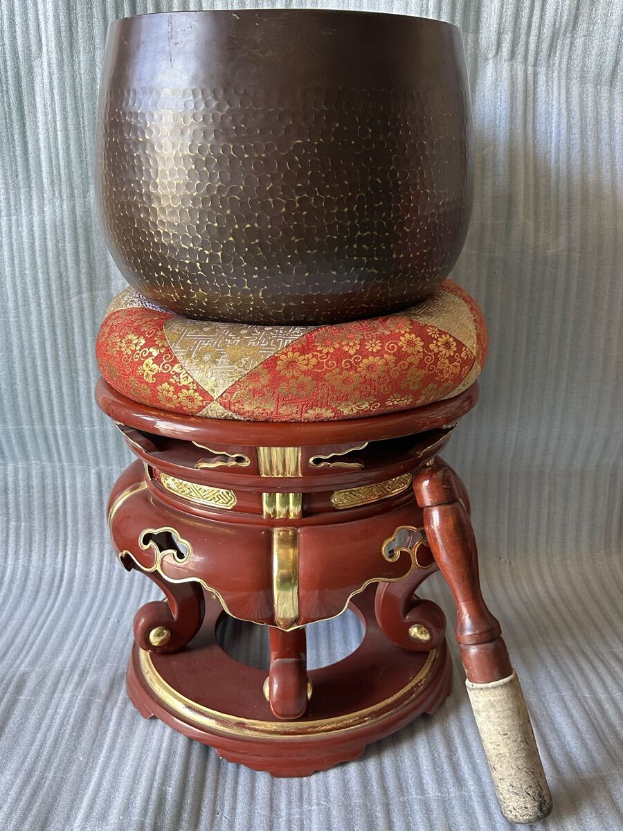 中古】S 寺院仏具 特大銅造けいす おりん 座布団 おりん台 おりん棒 高
