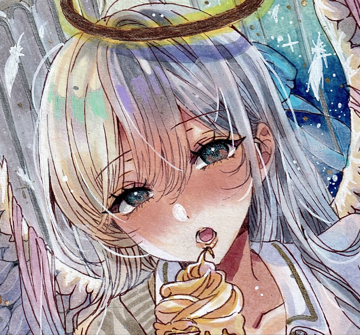 新品】手描きイラスト◎B6◎オリジナル◎猫耳◎女の子◎浴衣◎金魚