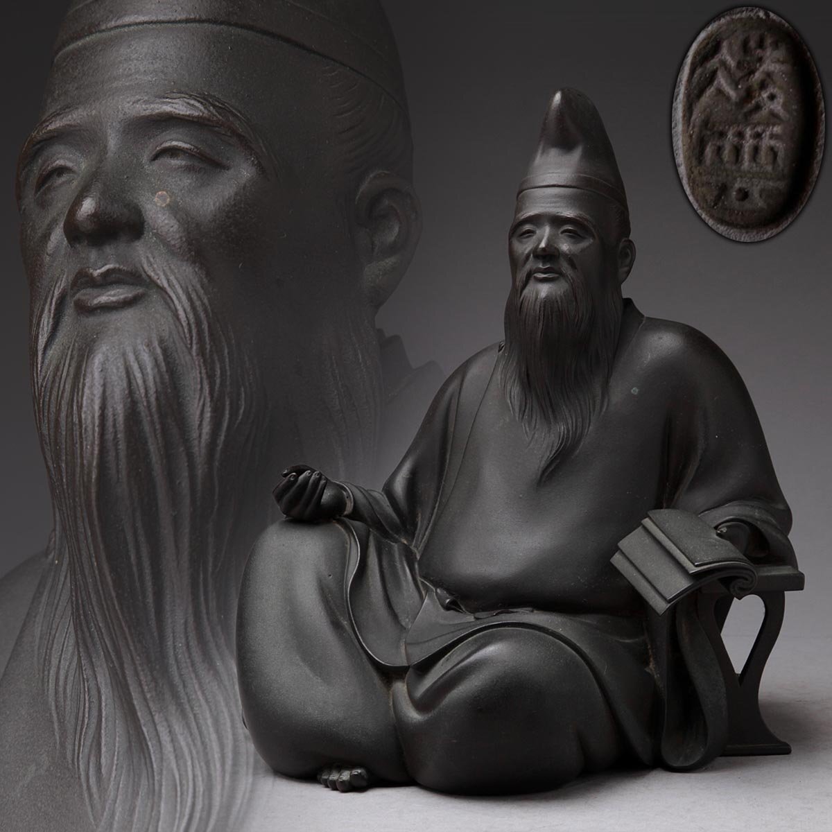 雲】時代 木彫細密彫刻柿本人麻呂像 高さ30cm 古美術品（旧家蔵出