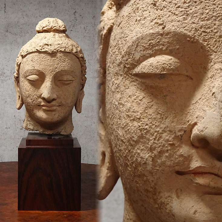 ガンダーラ仏教美術 3～4世紀 石彫 釈迦菩薩仏頭 石仏 10.5㎝ 372g 時代