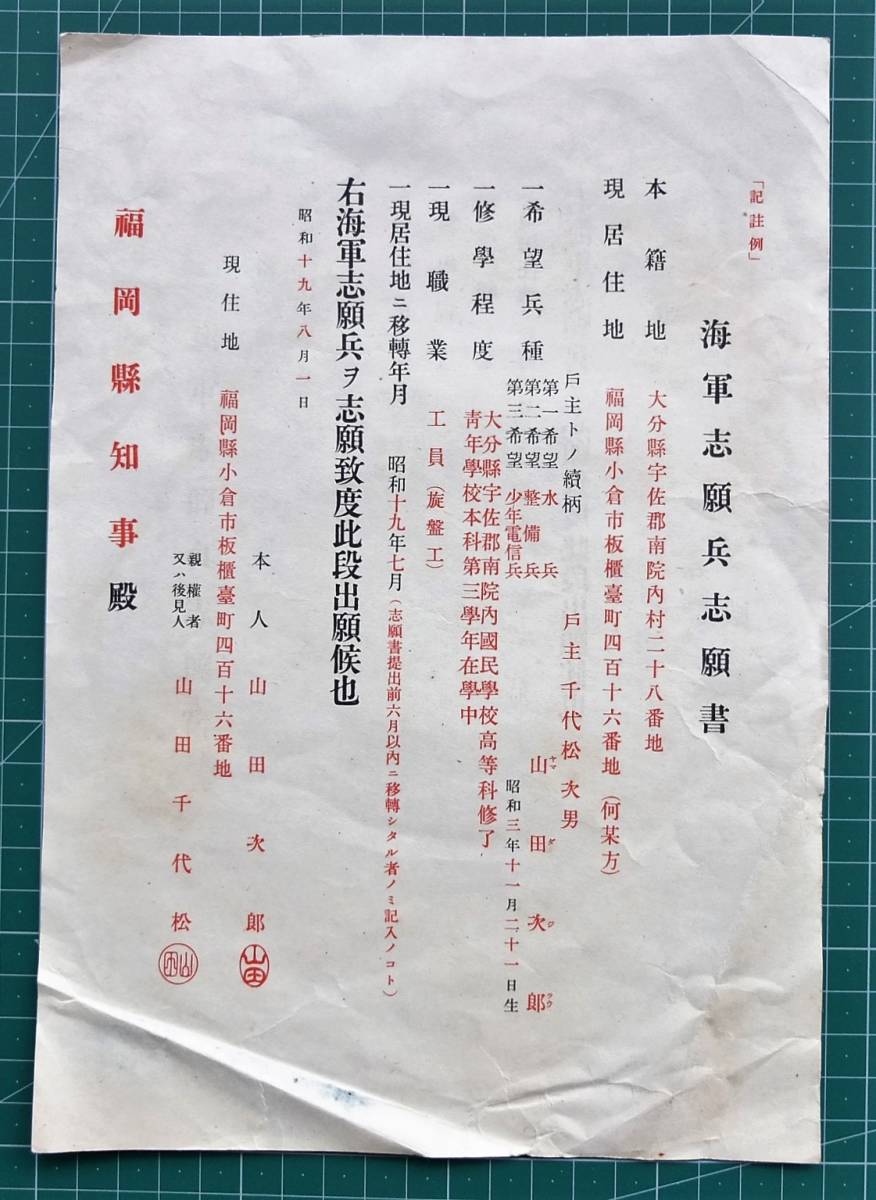 傷や汚れあり】戦時資料 両面「海軍志願兵願書」福岡県 // 海軍省 戦前