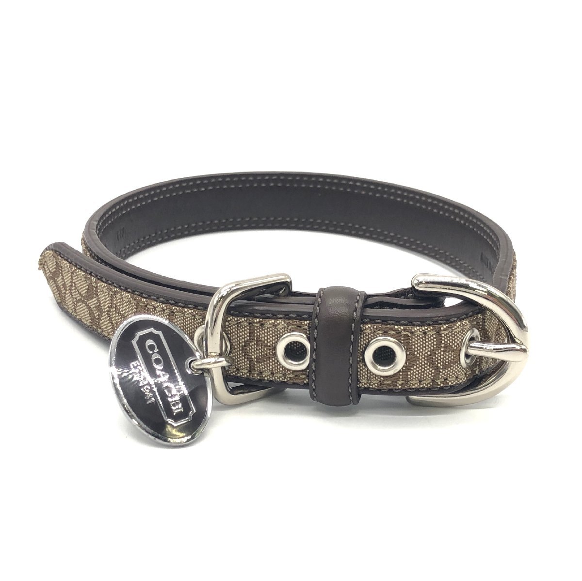 【やや傷や汚れあり】COACH コーチ 首輪 犬用 ドッグカラー ペット チャーム付き キャンバス×レザー Mサイズ 首回り約3239cmの