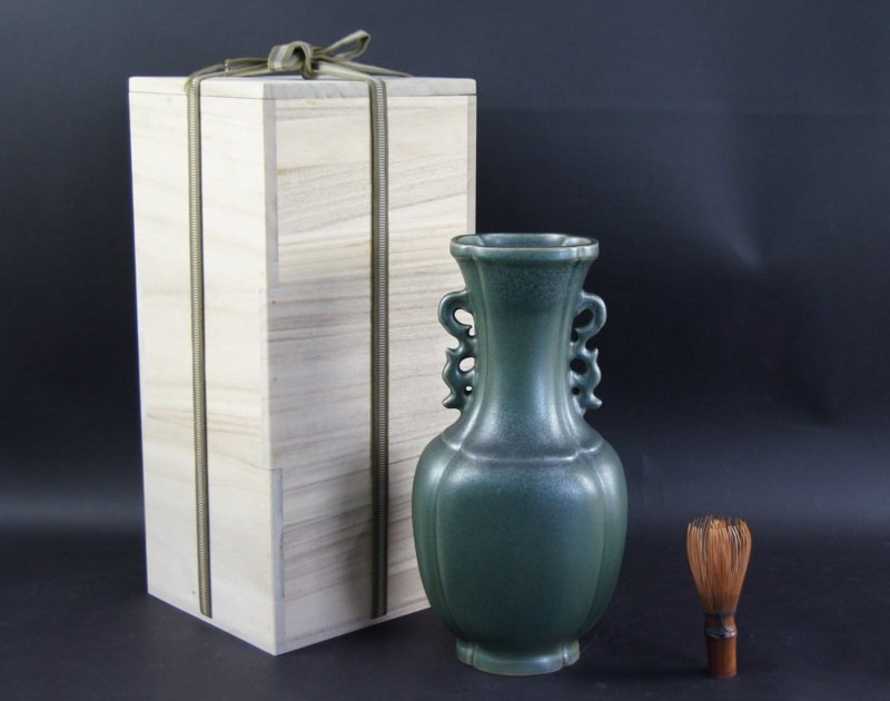 小原六合軒　家元秘蔵花器　蕎麦釉龍耳花瓶　共箱　N　5774C flower ホーム＆キッチン 小原六合軒 家元秘蔵花器 蕎麦釉龍耳花瓶